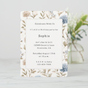 Invitación Cumpleaños Flores Azules Crema Bonitas