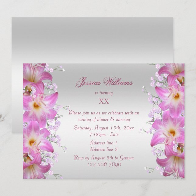 Invitación Cumpleaños Flores Belladonna Lilies Hermosas (Anverso / Reverso)