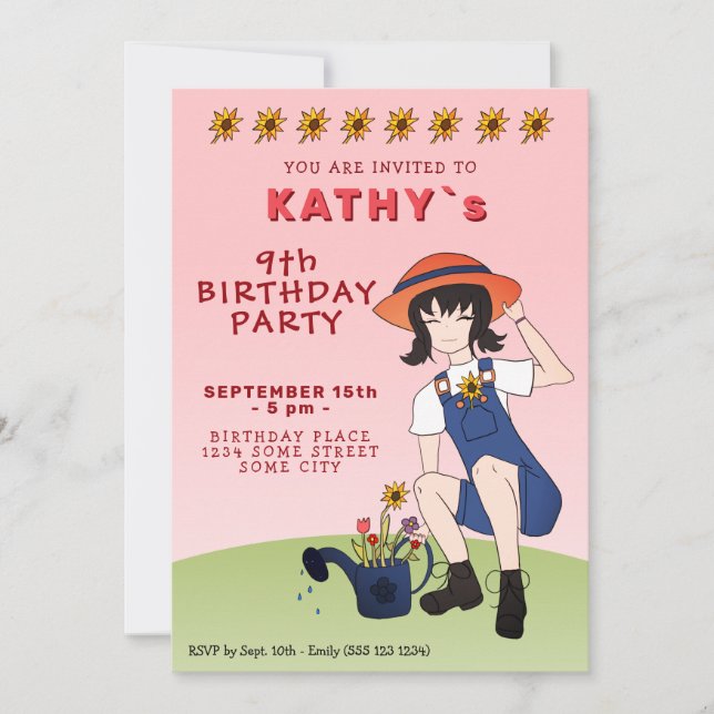 Invitación Cumpleaños Flores Chica Jardinera Lindo Cabello Ne (Anverso)
