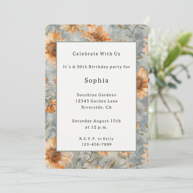 Invitación Cumpleaños Flores Crema Naranja Azul (Anverso de pie)