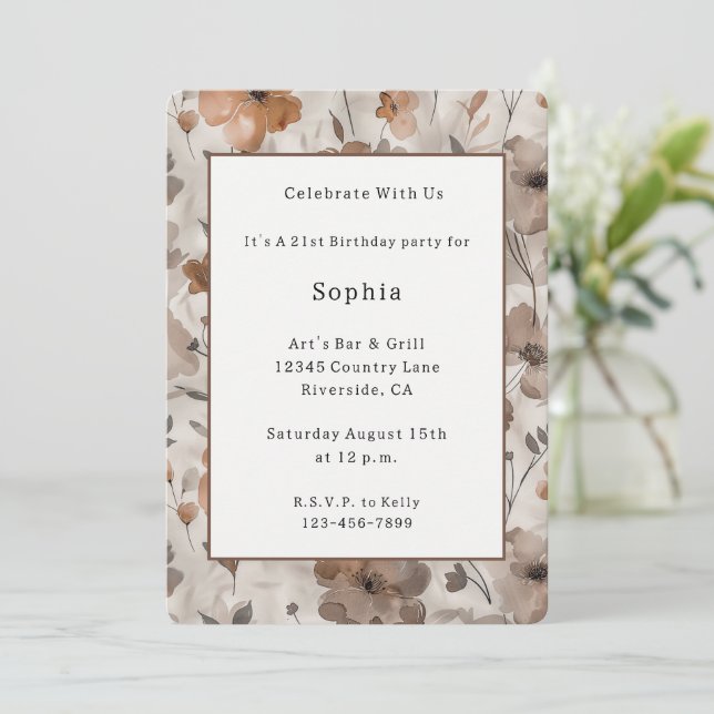 Invitación Cumpleaños Flores Crema Naranja Marrón (Anverso de pie)