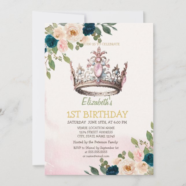 Invitación Cumpleaños Flores de Corona de Princesa  (Anverso)