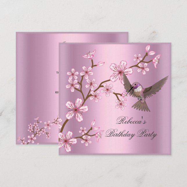 Invitación Cumpleaños Flores de Floración Rosa Asiática Pájar (Anverso / Reverso)