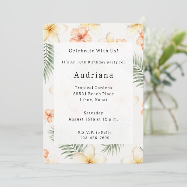 Invitación Cumpleaños Flores de Hibisco Blancas Melocotón Tro (Anverso de pie)