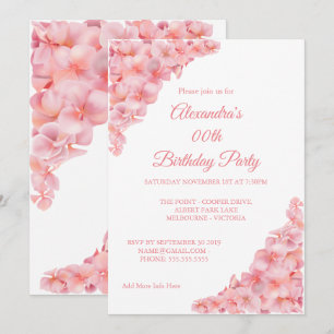 Invitación Cumpleaños Flores de Hortensias Rosadas sobre Blan