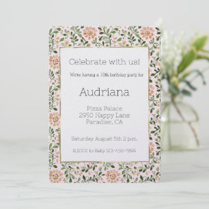 Invitación Cumpleaños Flores de Melocotón Rosado Hojas Verdes
