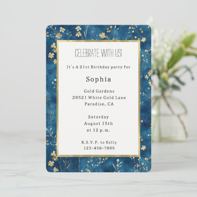 Invitación Cumpleaños Flores Doradas Azules Lindas (Anverso de pie)
