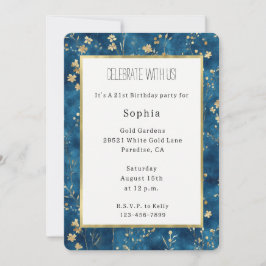 Invitación Cumpleaños Flores Doradas Azules Lindas