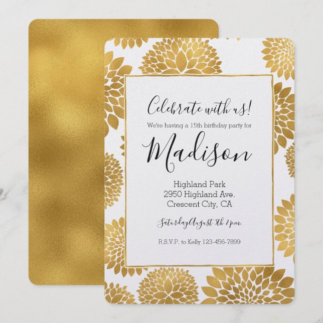 Invitación Cumpleaños Flores Doradas Chic (Anverso / Reverso)