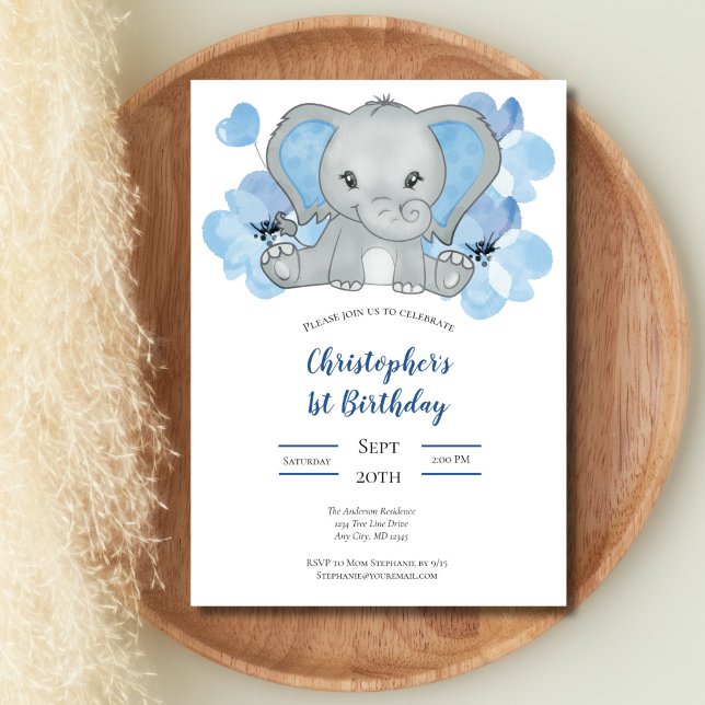 Invitación Cumpleaños Flores Globos Elefante Niño Azul Bebé  (Blue Gray Elephant Flowers Balloons Baby 1st Birthday Invitation, Printed or Digital Download)