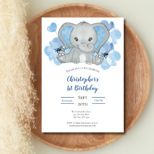 Invitación Cumpleaños Flores Globos Elefante Niño Azul Bebé 