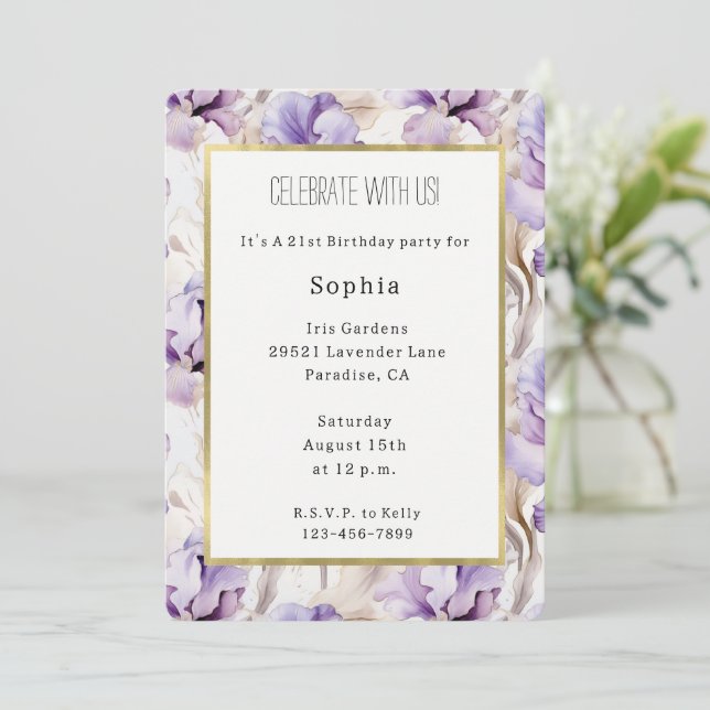 Invitación Cumpleaños Flores Iris Crema Púrpura Lavanda (Anverso de pie)
