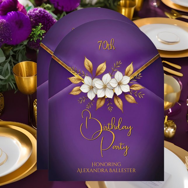 Invitación Cumpleaños Flores Lila Felpa Falsa Dorado (Subido por el creador)