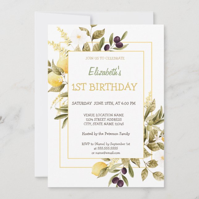 Invitación Cumpleaños Flores Limones Acuarela Oliva (Anverso)