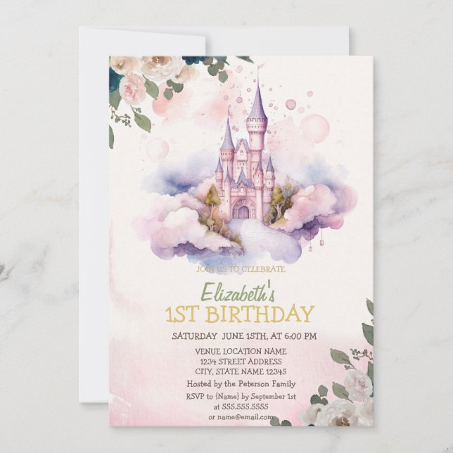 Invitación Cumpleaños Flores Lunares Castillo en las Nubes   (Anverso)