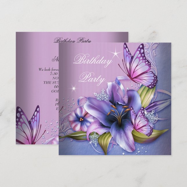 Invitación Cumpleaños Flores Mariposa Rosa Púrpura Bonito (Anverso / Reverso)