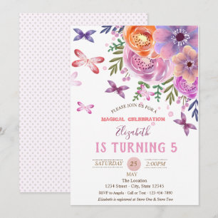 Invitación Cumpleaños Flores Mariposas Lunares