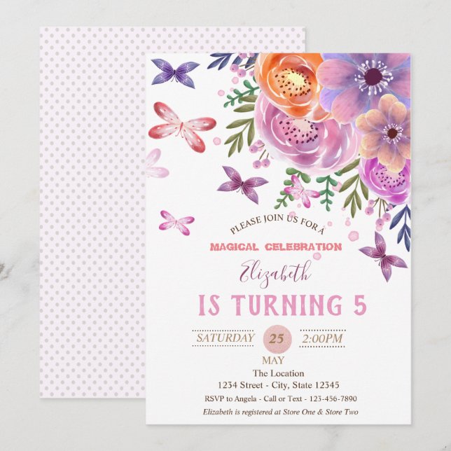 Invitación Cumpleaños Flores Mariposas Lunares (Anverso / Reverso)