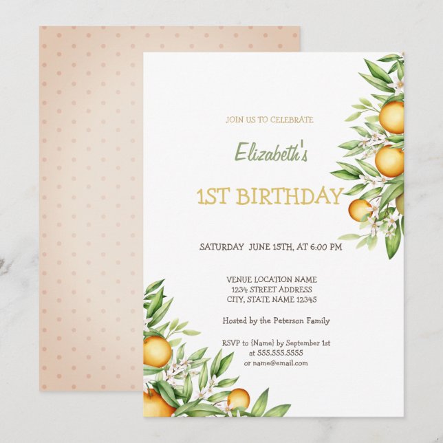 Invitación Cumpleaños Flores Naranjas Acuarela (Anverso / Reverso)