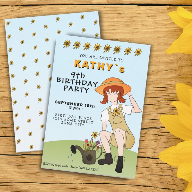 Invitación Cumpleaños Flores Niña Lindo Jardinería Cabello Ma (Subido por el creador)
