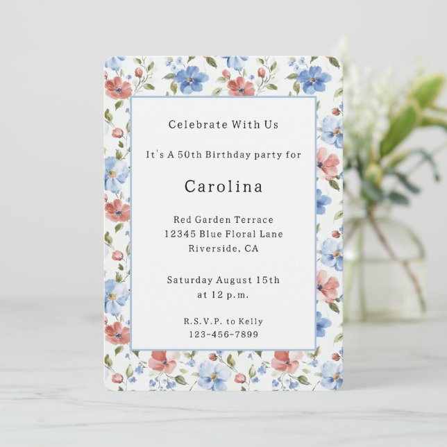 Invitación Cumpleaños Flores Rojas Blancas Azules (Anverso de pie)