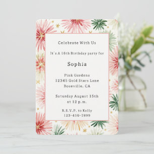 Invitación Cumpleaños Flores Rojas Verdes Destello Dorado