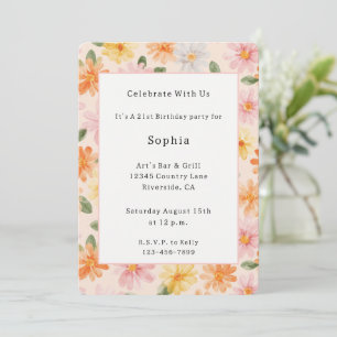 Invitación Cumpleaños Flores Rosa Amarillo Azul Melocotón