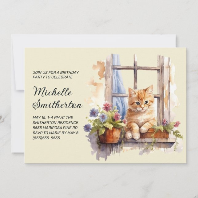 Invitación Cumpleaños Flores Ventana Gatito Amarillo  (Anverso)