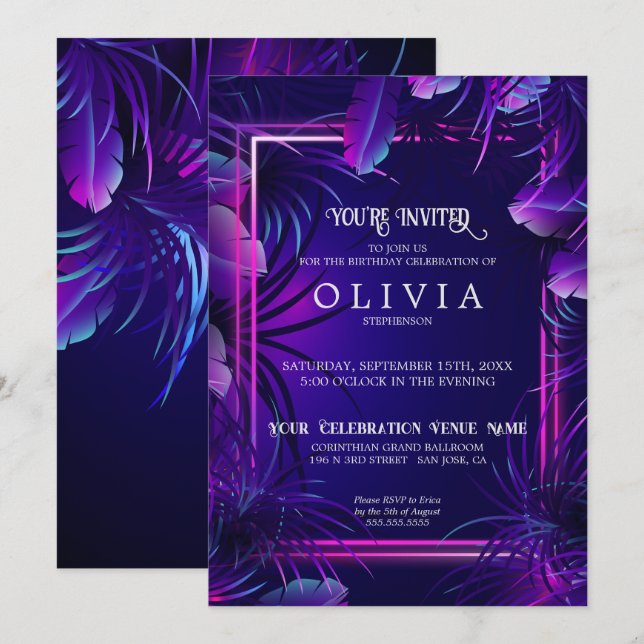 Invitación Cumpleaños | Foliage púrpura neón tropical (Anverso / Reverso)