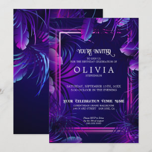 Invitación Cumpleaños   Foliaje Tropical Neon Púrpura
