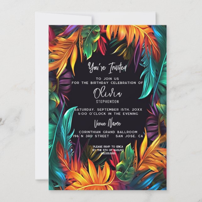 Invitación Cumpleaños | Follaje Tropical Neon en Negrita (Anverso)