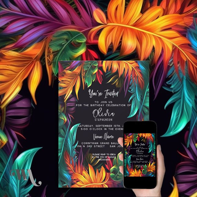 Invitación Cumpleaños | Follaje Tropical Neon en Negrita (Subido por el creador)