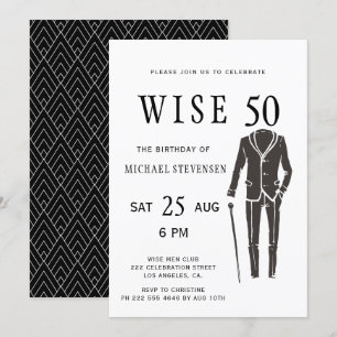Invitación Cumpleaños formal de hombre negro y blanco cincuen