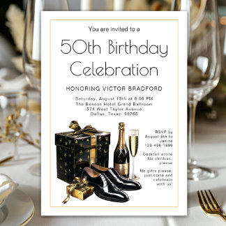 Invitación Cumpleaños Formal de Hombres en Dorado y Negro