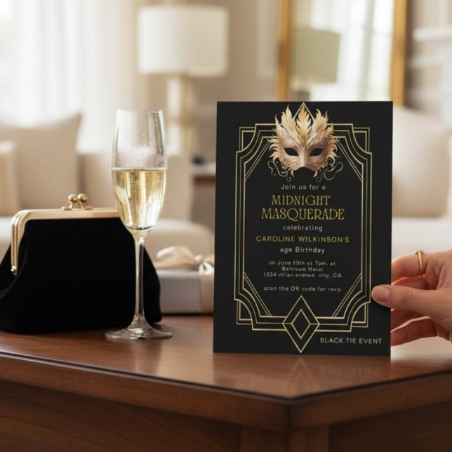Invitación Cumpleaños formal de Mascarada de Medianoche (Subido por el creador)