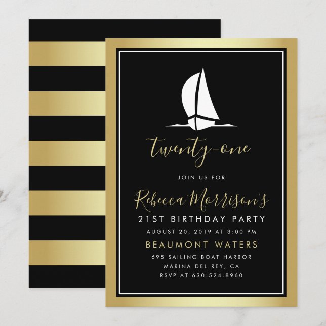 Invitación Cumpleaños formal del barco de vela blanco y negro (Anverso / Reverso)