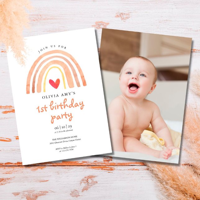 Invitación Cumpleaños Foto Corazón Arcoíris Boho Acuarela (Subido por el creador)