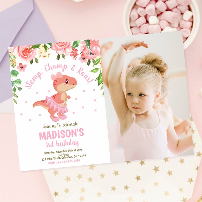 Invitación Cumpleaños Foto de Bailarina de Tutú de Dinosaurio (Subido por el creador)