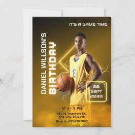 Invitación Cumpleaños foto de baloncesto moderno amarillo y n