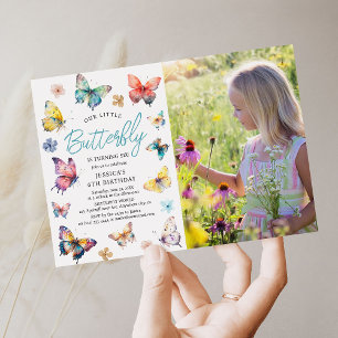 Invitación Cumpleaños Foto de Niña Acuarela Mariposa Hermosa
