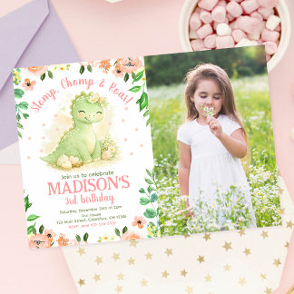 Invitación Cumpleaños Foto Floral Acuarela Dinosaurio Rosa