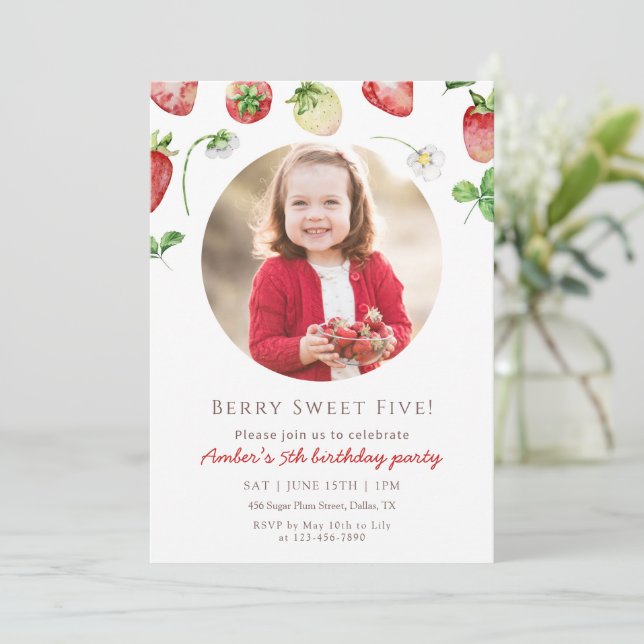 Invitación Cumpleaños Foto Fresa Dulce Berry (Anverso de pie)
