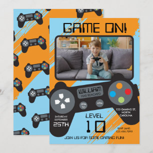 Invitación Cumpleaños Foto Niño Juego de Video Azul Naranja G
