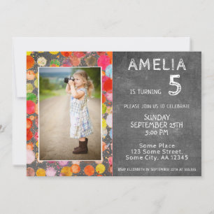 Invitación Cumpleaños Foto Niños Manchas Coloridas Pizarra