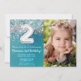 Invitación Cumpleaños Foto Purpurina Plateada Verde Turquesa 