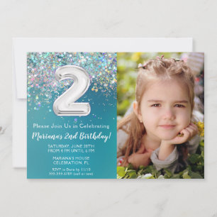 Invitación Cumpleaños Foto Purpurina Plateada Verde Turquesa