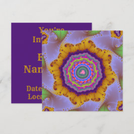 Invitación Cumpleaños Fractal Dorado y Morado Colorido
