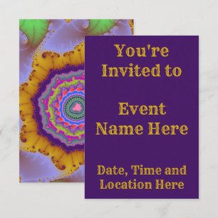 Invitación Cumpleaños Fractal Dorado y Púrpura Colorido