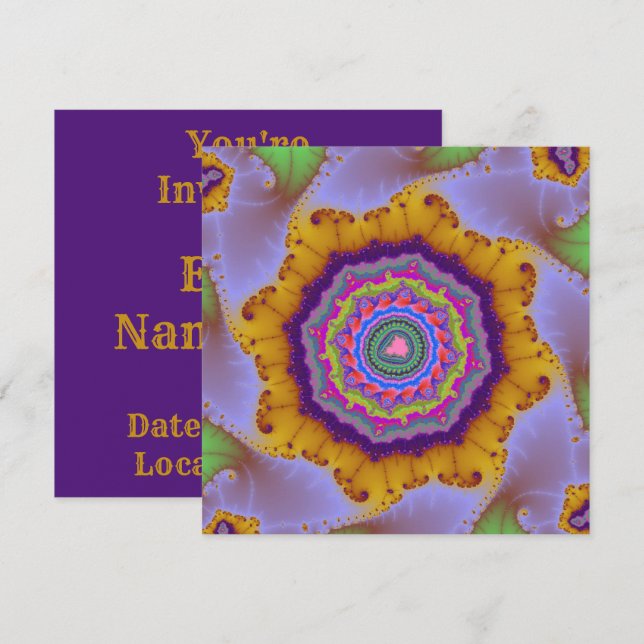 Invitación Cumpleaños Fractal Dorado y Púrpura Colorido (Anverso / Reverso)