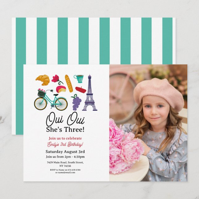 Invitación Cumpleaños francés París Oui Oui Foto de tres Chic (Anverso / Reverso)
